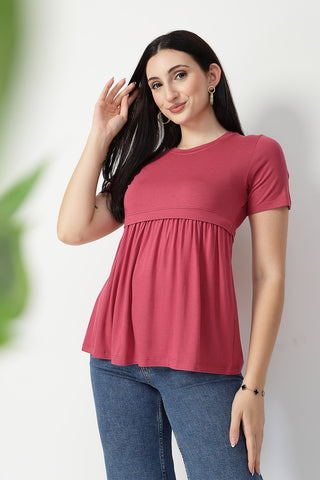 Dusty Rose Maternity Zipless Feeding Gathered Top shown from alternate angle, highlighting comfort for all-day wear.