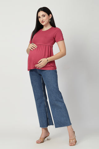 Side or angle view of Dusty Rose Maternity Zipless Feeding Gathered Top showing the Maternity Tops silhouette and fit.