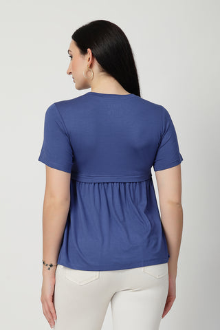 Close-up of ditsy-blue Maternity Tops showing Zipless for easy nursing access.