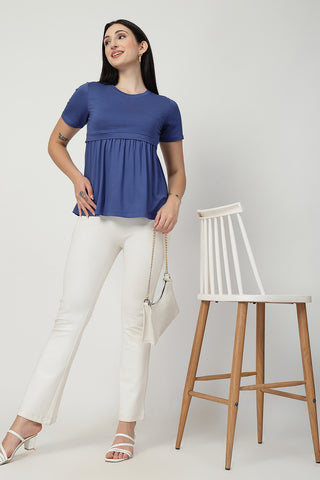 Denim Blue Maternity Zipless Feeding Gathered Top shown from alternate angle, highlighting comfort for all-day wear.