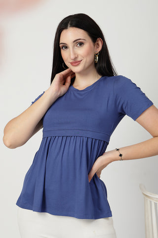 Denim Blue Maternity Zipless Feeding Gathered Top in ditsy-blue made with soft Viscose fabric.