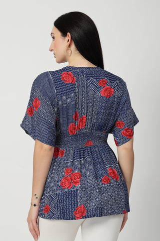 Close-up of blue-with-floral-print Maternity Tops showing Zipless for easy nursing access.