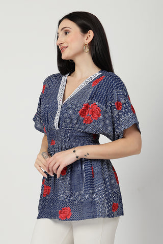 Smooth back view of blue-with-floral-print Maternity Tops showing silhouette for comfort.