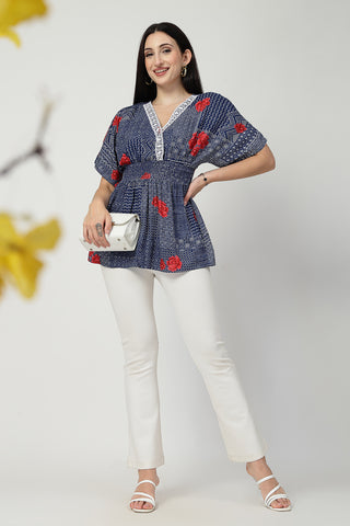 Styling detail of Floral Rayon Top with Zipless Feeding, highlighting blue-with-floral-print print and Maternity Tops design.