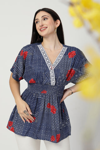 Detailed view of Floral Rayon Top with Zipless Feeding Zipless access and Rayon construction.