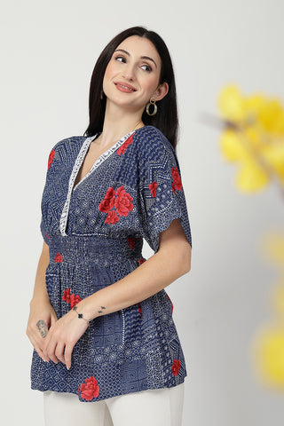 Close-up texture of Floral Rayon Top with Zipless Feeding in blue-with-floral-print, showing the soft Rayon fabric.