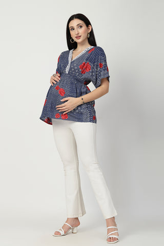 Side or angle view of Floral Rayon Top with Zipless Feeding showing the Maternity Tops silhouette and fit.