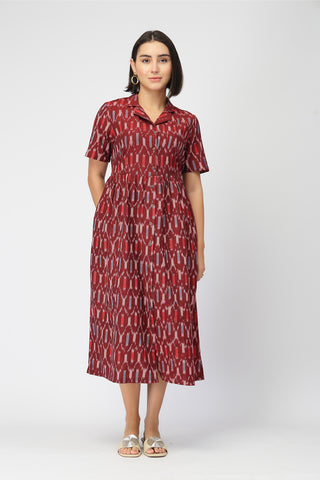 Ikat Zipless Feeding Lapel Dress - Maroon