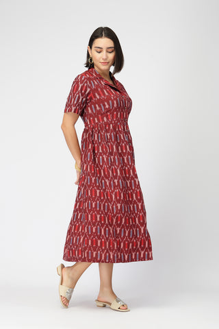 Ikat Zipless Feeding Lapel Dress - Maroon