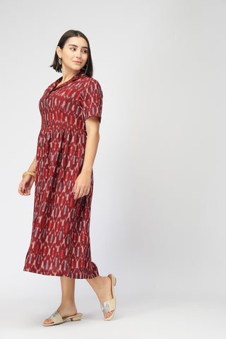 Ikat Zipless Feeding Lapel Dress - Maroon