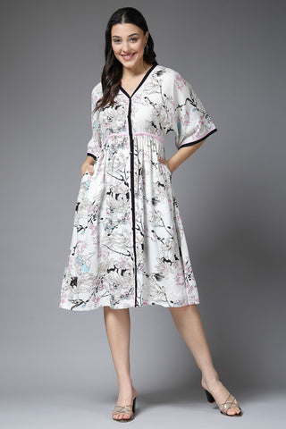 White All Over Printed 100% Rayon Zipless Maternity Dress