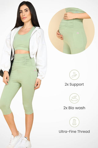 Ruched Cotton Pistachio Green Maternity Capri (Pregnancy & Postpartum)