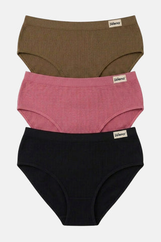 Sera Broad Rib Mid Rise Hipster Pack of 3 - (Blush, Mocha, Black)