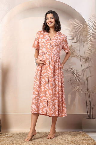 Peach Glow Maternity Zipless Feeding Dress