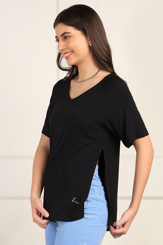Black Solid Nursing Top with Side Zip Access