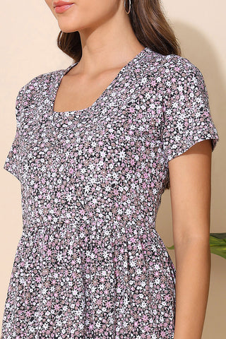 Brown Floral Printed 100% Soft Cotton Zipless Maternity Feeding Dress