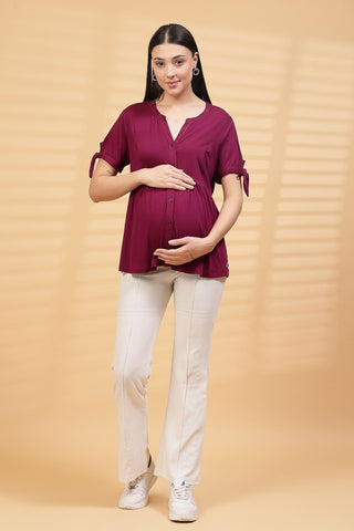 Burgundy Solid Button Top For Zipless Feeding