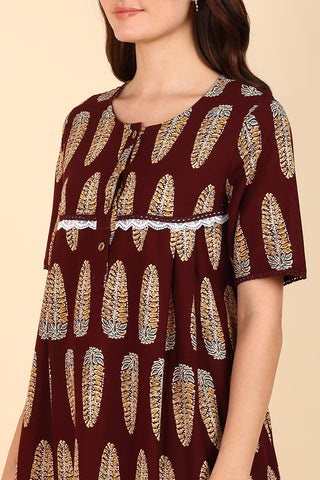 Maroon Printed 100% Soft Cotton Zipless Maternity Maxi