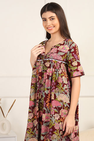 Maroon Floral Printed 100% Soft Cotton Zipless Maternity Maxi