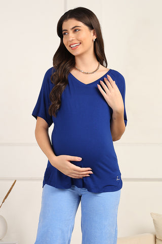 Blue Solid Nursing Top with Side Zip Access