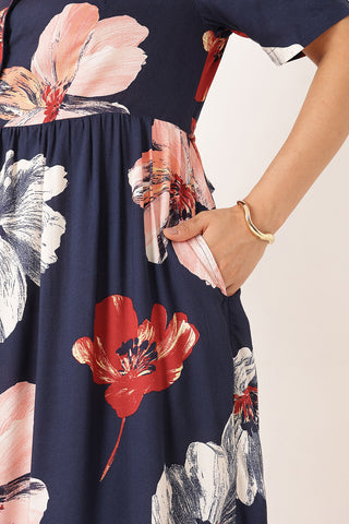 Floral Printed Blue Zipless Feeding Dress