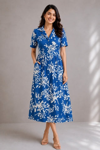 Floral Printed Zipless Feeding Dress - Blue
