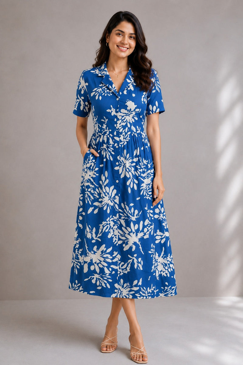 Floral Printed Zipless Feeding Dress - Blue