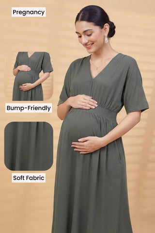 Charcoal Grey Solid Smocked Waist Zipless Feeding Dress