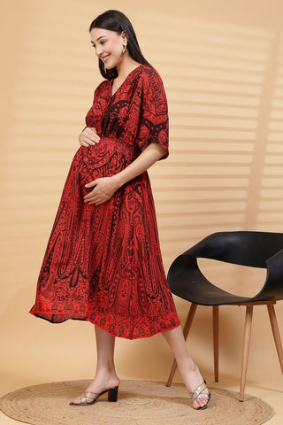 Red Paisley Print Maternity Feeding Dress