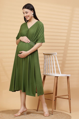 Green Solid Smocked Waist Zipless Feeding Dress