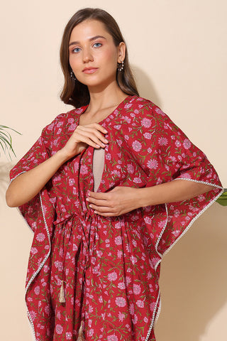 Red Floral Printed Maternity Kaftan Set (Top & Bottom)