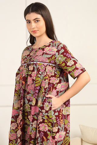 Maroon Floral Printed 100% Soft Cotton Zipless Maternity Maxi