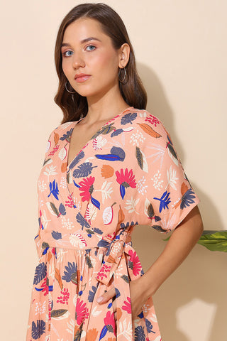 Peach All Over Printed Zipless Maternity Wrap Dress