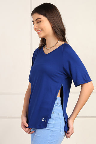Blue Solid Nursing Top with Side Zip Access