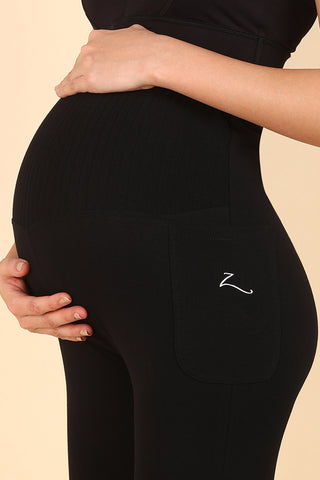 Ribbed Cotton Black Maternity Legging (Pregnancy & Postpartum)