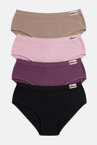 Sera Fine Rib Mid Rise Hipster Pack of 4 - (Skin, Pink, Purple, Black)