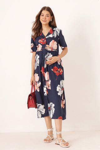 Floral Printed Blue Zipless Feeding Dress