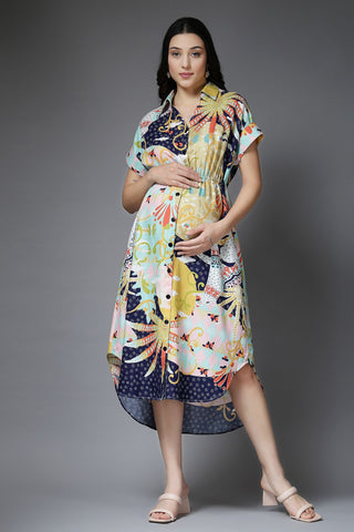 Multicolor All Over Printed 100% Rayon Zipless Maternity Dress