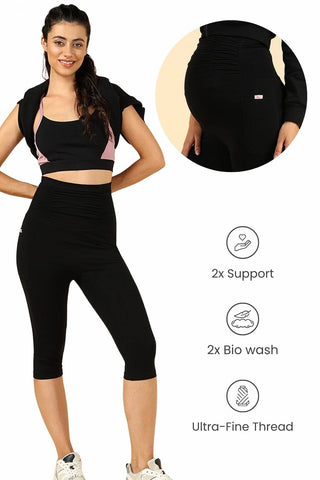 Ruched Cotton Black Maternity Capri (Pregnancy & Postpartum) - House Of Zelena™