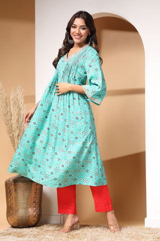 High-quality image of the Rayon texture and finish of the Ocean Oasis And Kurta Set.