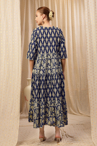 Detailed shot of the Cotton fabric and color/print of the Ethnic Cotton Tiered Kurti for Feeding Kurti.