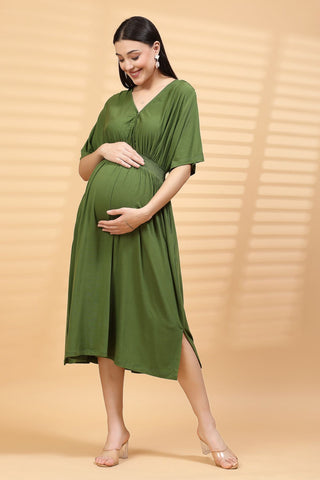 Green Solid Smocked Waist Zipless Feeding Dress