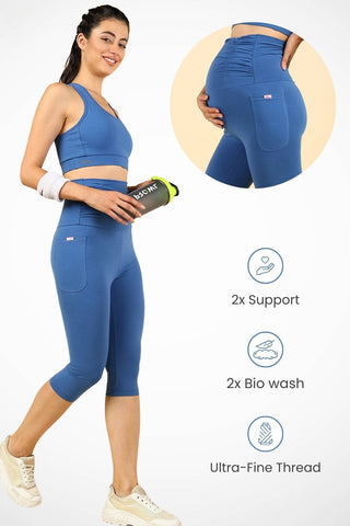 Blue Ruched Capri; comfortable under-belly waistband provides support.