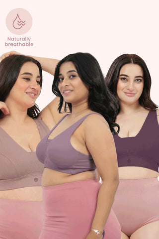 SecureFit Cotton Fixed-Pad Feeding Bra Pack of 3 - (Purple, Lavender & Dark Skin)