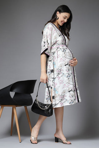 White All Over Printed 100% Rayon Zipless Maternity Dress