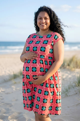 Red Geometric Print Maternity Zipless Feeding Dress
