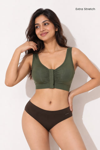 Ruched Invisible Button Nursing Bra - Forest Green