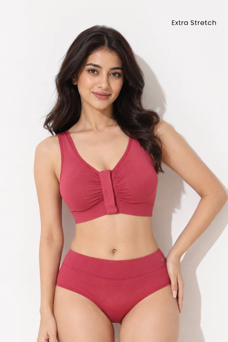 Ruched Invisible Button Nursing Bra - Red