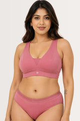 Natural Shape Cotton Bra in Mauve Rose on a smiling model with matching brief, easy pull-feed neckline | feeding bra, Zelena