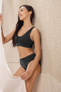 Black Padded Feeding Bra layflat; wire-free structure provides full coverage and support for nursing.